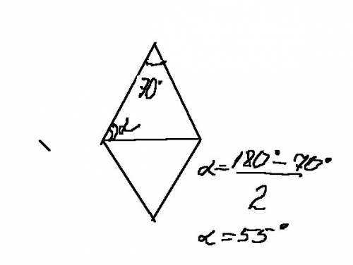 Угол ромба равен 70 найти угол между сторонной ромба и его меньшей диагональю.
