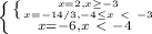 \left \{ {{ \left \{&#10;{{x=2,x \geq -3} \atop {x=-14/3,-4 \leq x \ \textless \ -3}} \right. } \atop&#10;{x=-6,x\ \textless \ -4}} \right