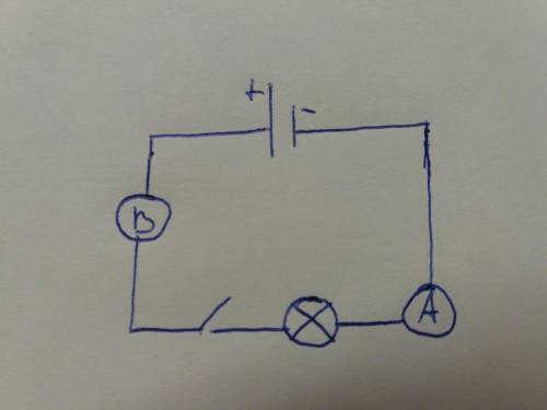Начерти схему цепи, состоящей из аккамулятора, лампы, ключа, амперметра и вольтметра, для случая, ко