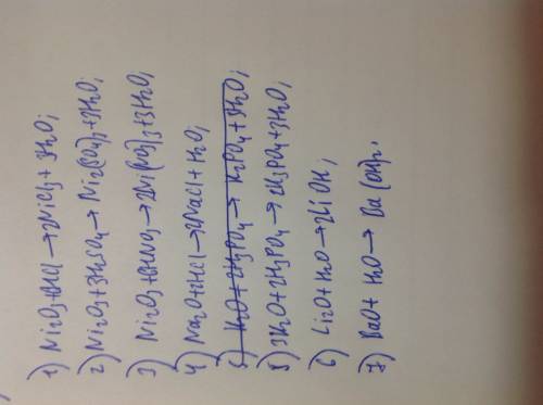 1)ni2 o3+hcl 2)ni2 o3+h2so4 3)ni2o3+hno3 4)na2o+hcl 5)k2o+h3po4 6)li2o+h2o 7)bao+h2o