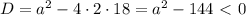 D=a^2-4\cdot2\cdot18=a^2-144\ \textless \ 0