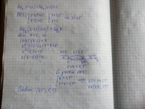 Решите неравенство: log7(x-3,5)+log7(x-2)< 1