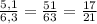 \frac{5,1}{6,3}= \frac{51}{63} = \frac{17}{21}