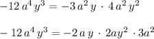 -12\, a^4\, y^3=-3\, a^2\, y\, \cdot \, 4\, a^2\, y^2\\\\-12\, a^4\, y^3=-2\, a\, y\, \cdot \, 2ay^2\, \cdot 3a^2