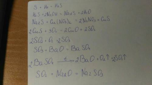 Осуществить цепочку реакций: s - h2s - na2s - cus - so2 - so3 - baso4; so2 - na2so3