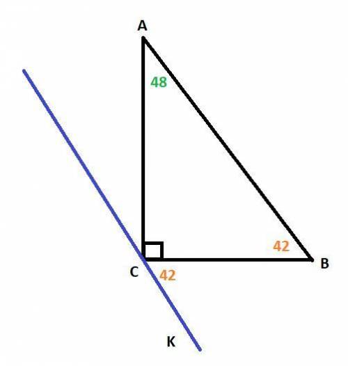 Через вершину прямого угла c треугольника abc проведена прямая ck параллельно прямой ab угол kcb рав