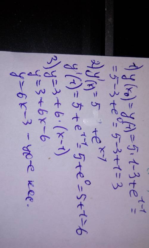 Составьте уравнение касательной к графику функции y= 5x-3+e^x-1 в точке с абсциссой равной 1.