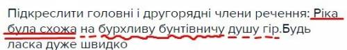 Підкреслити головні і другорядні члени речення: ріка була схожа на бурхливу бунтівничу душу гір.будь