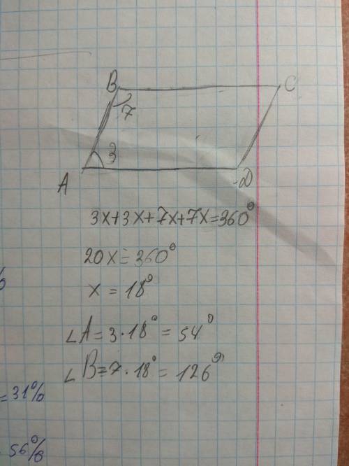 Найдите углы парралелограмма, если два его угла относятся как 3: 7​