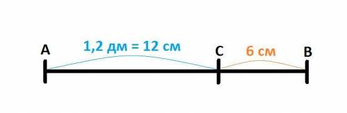 Отрезок ab разделён точкой c на две части так , что ac= 1,2 дм, bc = 6 см. что показывает отношение