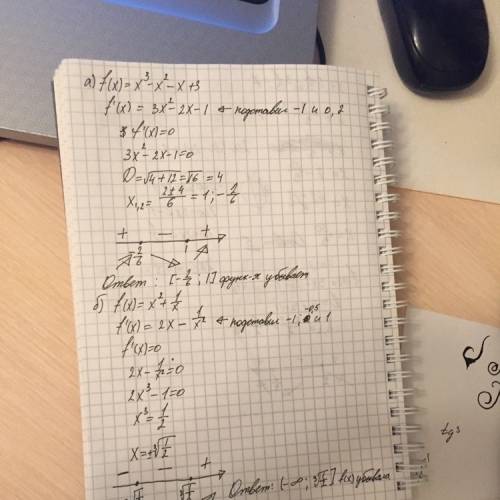 20 ! найдите интервал убывания функции: a)f(x)=x³-x²-x+3 b)f(x)=x²+1/x