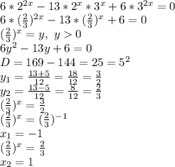 \\6*2^{2x}-13*2^x*3^x+6*3^{2x}=0 \\6*(\frac{2}{3})^{2x}-13*(\frac{2}{3})^x+6=0 \\(\frac{2}{3})^x=y,\ y0 \\6y^2-13y+6=0 \\D=169-144=25=5^2 \\y_1=\frac{13+5}{12}=\frac{18}{12}=\frac{3}{2} \\y_2=\frac{13-5}{12}=\frac{8}{12}=\frac{2}{3} \\(\frac{2}{3})^x=\frac{3}{2} \\(\frac{2}{3})^x=(\frac{2}{3})^{-1} \\x_1=-1 \\(\frac{2}{3})^x=\frac{2}{3} \\x_2=1