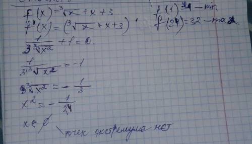 Найдите наибольшее и наименьшее значение функции y=^3√x +x+2,xпринадлежащим [1; 27] , надо!