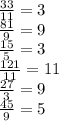 \frac{33}{11} = 3 \\ \frac{81}{9} = 9 \\ \frac{15}{5} = 3 \\ \frac{121}{11} = 11 \\ \frac{27}{3} = 9 \\ \frac{45}{9} = 5