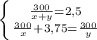 \left \{ {{\frac{300}{x+y} = 2,5} \atop { \frac{300}{x} + 3,75 = \frac{300}{y}}} \right.