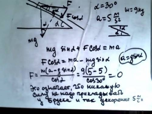 На гладкой наклонной плоскости с углом наклона 30 градусов находится брусок массой 9кг, который движ