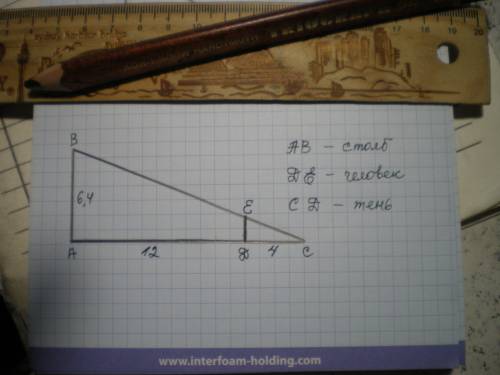 Человек стоит на расстоянии 12 м от столба, на котором на высоте 6,4 м висит фонарь. человек отбрасы