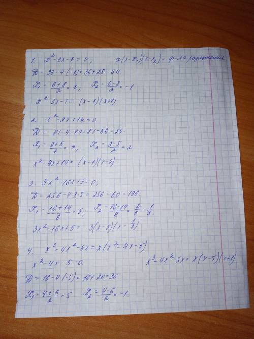 Разложите квадратные трехчлен на множители 1) x2 - 6x - 7 = 2)x2 - 9x + 14= 3)3x2 - 16x + 5= 4)x3 -