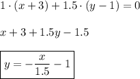 1\cdot(x+3)+1.5\cdot(y-1)=0\\ \\ x+3+1.5y-1.5\\ \\ \boxed{y=- \frac{x}{1.5}-1 }