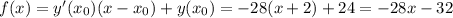 f(x)=y'(x_0)(x-x_0)+y(x_0)=-28(x+2)+24=-28x-32