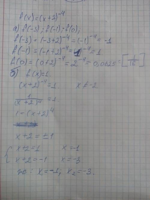 Постройте график функции f(x) = (x+2)^-4. с графика найдите: а) f(-3), f(-1), f(0) б) корни уравнени