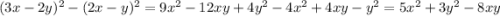 (3x-2y)^{2}-(2x-y)^{2}=9x^{2}-12xy+4y^{2}-4x^{2}+4xy-y^{2}=5x^{2}+3y^{2}-8xy