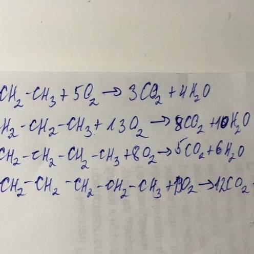 Напишите уравнения реакций, которые происходят во время сгорания: а) пропана б) бутана в) пентана г)