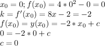 x_{0} =0; f(x_0)=4*0^{2}-0=0 \\ &#10;k=f'(x_{0})=8x-2=-2 \\ &#10;f(x_0)=y(x_{0})=-2*x_{0}+c \\ &#10;0=-2*0+c \\ &#10;c=0&#10;