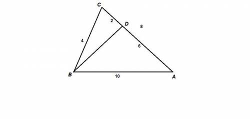 Утреугольнику авс известно, что ав = 10 см, вс = 4 см, са = 8 см. на стороне ас обозначено точку d т