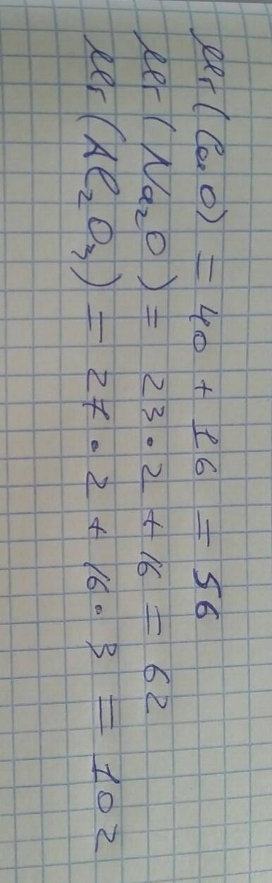 Обчисліть відносні молекулярні маси для наведених на дошці речовин. cao, na2o, al2o3