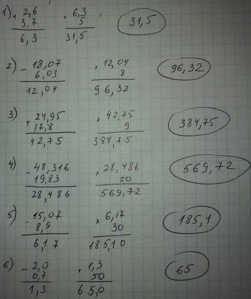 Выполните действия: 1)(2,6+3,7)•5 ; 2)(18,07-6,03)•8; 3)(24,95+17,8)•9; 4)(48,316-19,83)•20; 5)(15,0