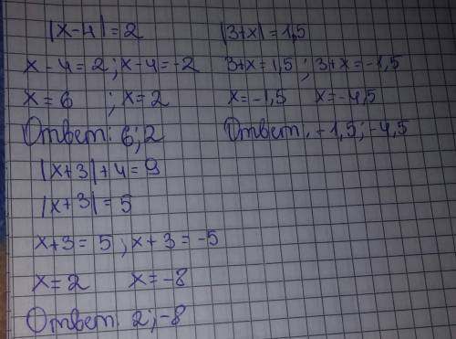 Решите уравнение 1) |х-4|=2 2) |3+х|=1,5 3)|х+3|+4=9 и в отрицательной форме тоже. буду