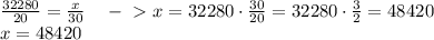 \frac{32280}{20}=\frac{x}{30} \ \ \ -\ \textgreater \ x=32280\cdot\frac{30}{20}=32280\cdot\frac32=48420\\x=48420