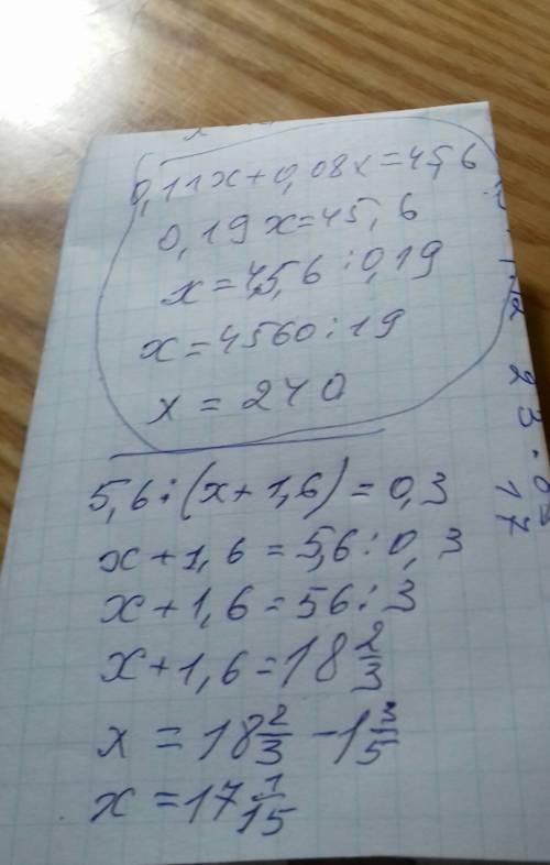 Решите уравнения: 0,11x+0,08x=45,6 5,6: (х+1,6)=0,3