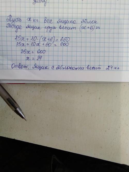 Вмагазин 15 ящиков яблок и 10 ящ груш.всего 660 кг.ящик с грушами весил на 6 кг больше ящ с яблоками