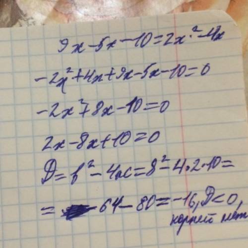 9x-5x-10=2x^2-4x через дискриминант