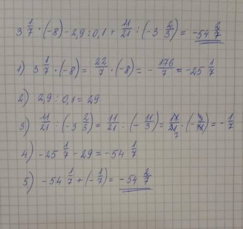 3целых1/7*(-8)-2.9: 0.1+11/21: (-3целых2/3)= решите по действиям