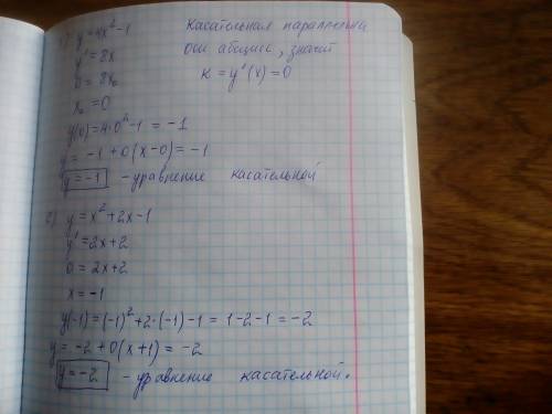 Напишите уравнение касательной к графику функции y=f(x), параллельной оси абсцисс: 1) y=4x^2-1 2) y=