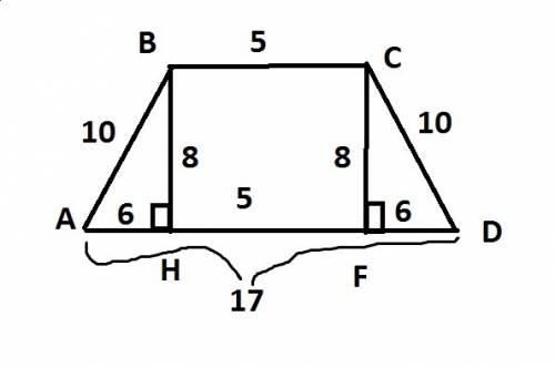 Вравнобедренной трапеции известны длины боковой стороны 10 см больщего основания 17 см и высоты 8 см