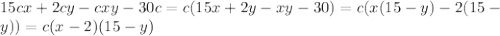 15cx+2cy-cxy-30c=c(15x+2y-xy-30)=c(x(15-y)-2(15- \\ y))=c(x-2)(15-y)