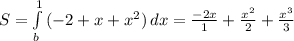 S= \int\limits^1_b {(-2 +x+x^2)} \, dx= \frac{-2x}{1}+ \frac{x^2}{2}+ \frac{x^3}{3}