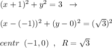 (x+1)^2+y^2=3\; \; \to \\\\(x-(-1))^2+(y-0)^2=(\sqrt3)^2\\\\centr\; \; (-1,0)\; \; ,\; \; R=\sqrt3