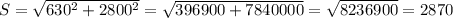 S=\sqrt{630^2+2800^2}=\sqrt{396900+7840000}=\sqrt{8236900}= 2870