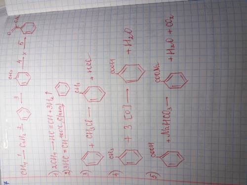 Осуществить след.реакции метан-ацитилен-бензол-тоулол-х-бензоат натрия