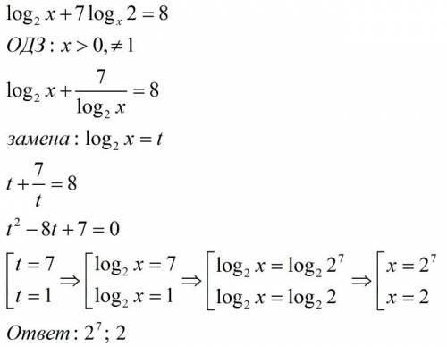 Найдите корни уравнения: log2x+7logx2=8