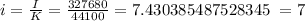 i = \frac{I}{K} = \frac{327680}{44100} = 7.430385487528345 ~= 7