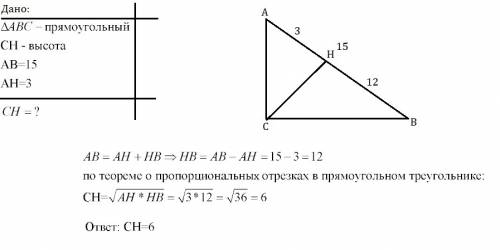 Впрямоугольном треугольнике авс угол с прямой сн высота ав 15 ан 3 найдите сн
