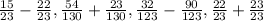 \frac{15}{23} - \frac{22}{23}, \frac{54}{130} + \frac{23}{130}, \frac{32}{123} - \frac{90}{123}, \frac{22}{23} + \frac{23}{23}&#10;