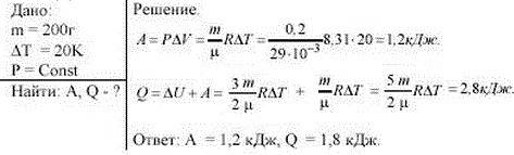 Какую работу совершил воздух массой 200 г при его изобарном нагревании на 20 к? какое количество теп