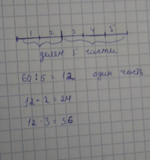 Провод длиной 60 см необходимо разрезать на две части в отношении 2: 3. какова длина большей части п